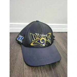 100% Leather St. Louis Rams NFL Baseball Cap Logo Athletic Black Navy Hat Vtg